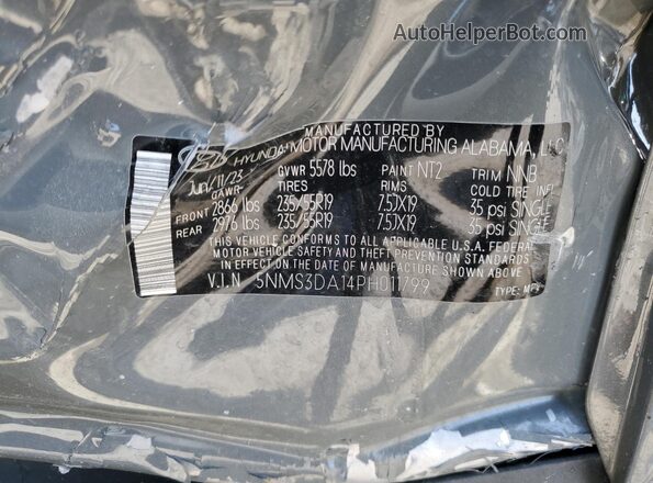 5NMS3DA14PH011799 2023 HYUNDAI SANTA Gray Widok naklejki z numerem VIN