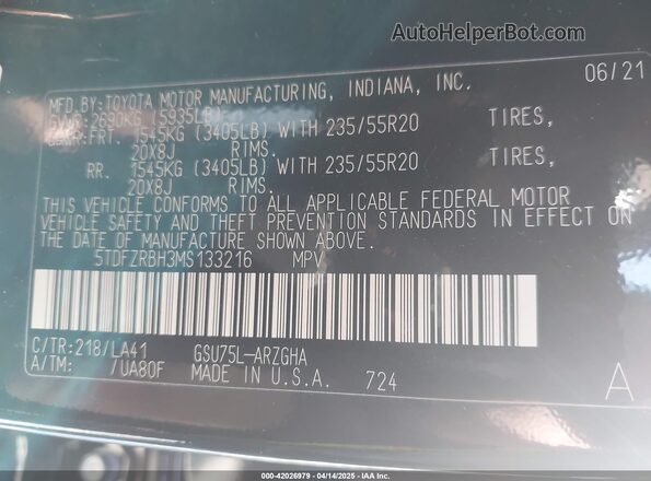 5TDFZRBH3MS133216 2021 TOYOTA HIGHLANDER Black Vista del compartimento del motor