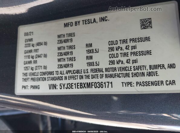 5YJ3E1EBXMF036171 2021 TESLA MODEL 3 Gray Շարժիչի բաժամունքի տեսք