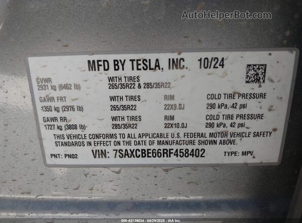 7SAXCBE66RF458402 2024 TESLA MODEL X Silver Շարժիչի բաժամունքի տեսք