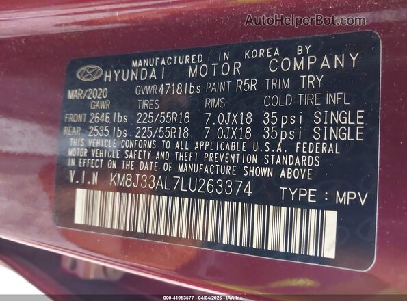 KM8J33AL7LU263374 2020 HYUNDAI TUCSON Burgundy Շարժիչի բաժամունքի տեսք