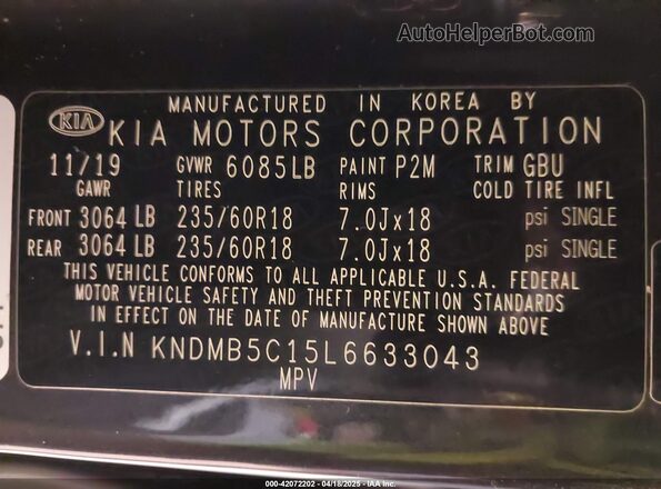 KNDMB5C15L6633043 2020 KIA SEDONA Gray Widok komory silnika