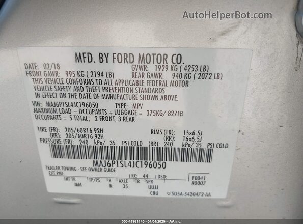 MAJ6P1SL4JC196050 2018 FORD ECOSPORT Silver Շարժիչի բաժամունքի տեսք