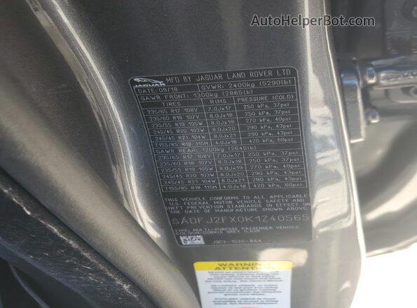 SADFJ2FX0K1Z40565 2019 JAGUAR E-PACE Silver VIN sticker view