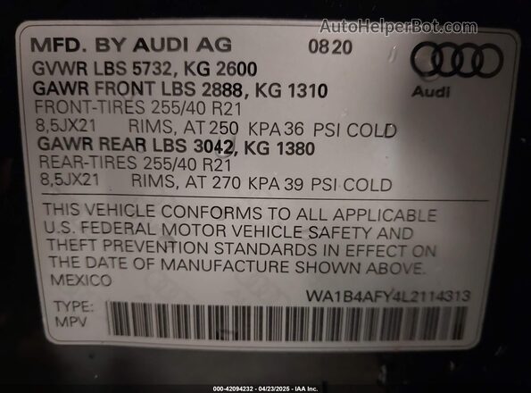WA1B4AFY4L2114313 2020 AUDI SQ5 Black Вид підкапотного простору