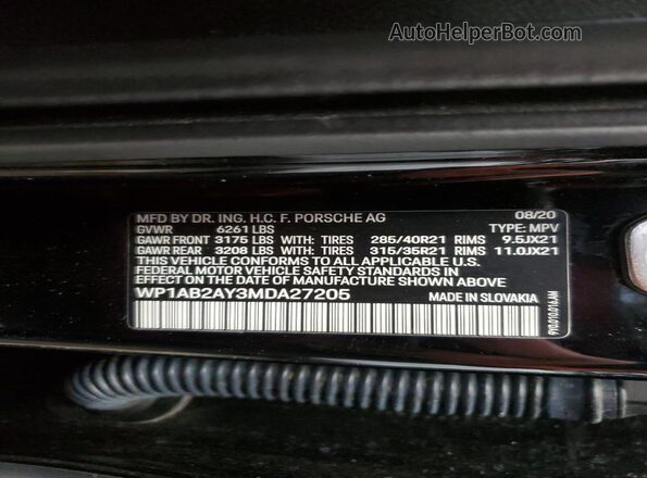 WP1AB2AY3MDA27205 2021 PORSCHE CAYENNE Черный Вид наклейки с VIN-кодом