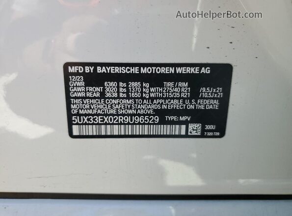 5UX33EX02R9U96529 2024 BMW X6 White Vista de la etiqueta del VIN