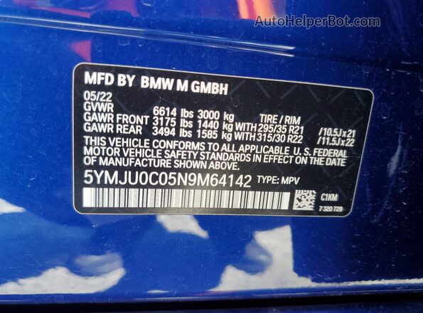 5YMJU0C05N9M64142 2022 BMW X5 Blue 