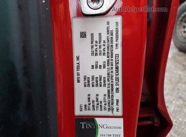 5YJ3E1EA6MF922723 2021 TESLA MODEL Red 