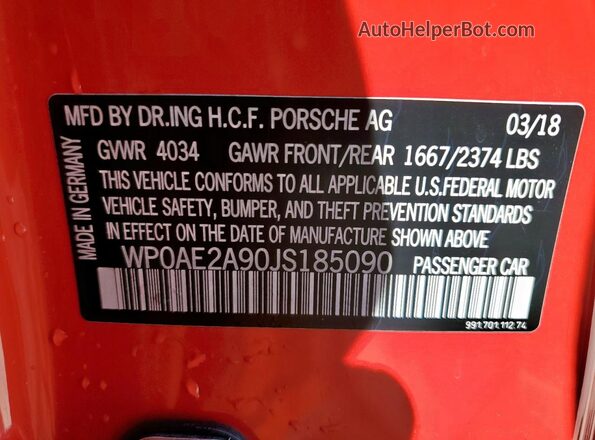 WP0AE2A90JS185090 2018 PORSCHE 911 Red Widok naklejki z numerem VIN