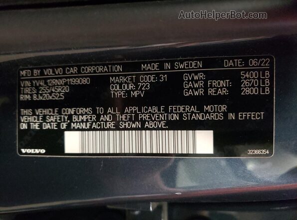YV4L12RNXP1199080 2023 VOLVO XC60 Blue VIN sticker view