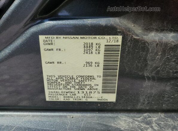 1N4BL4FW0KC131875 2019 NISSAN ALTIMA Gray ძრავის განყოფილების ხედი
