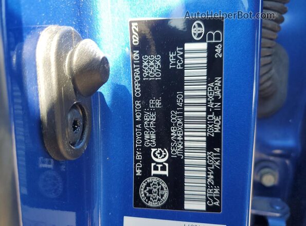 JTNKHMBX0M1114501 2021 TOYOTA LE Blue VIN կոդի պիտակի տեսք