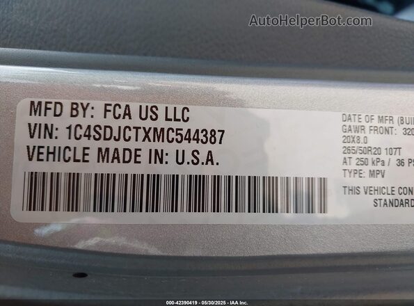 1C4SDJCTXMC544387 2021 DODGE DURANGO Silver Շարժիչի բաժամունքի տեսք