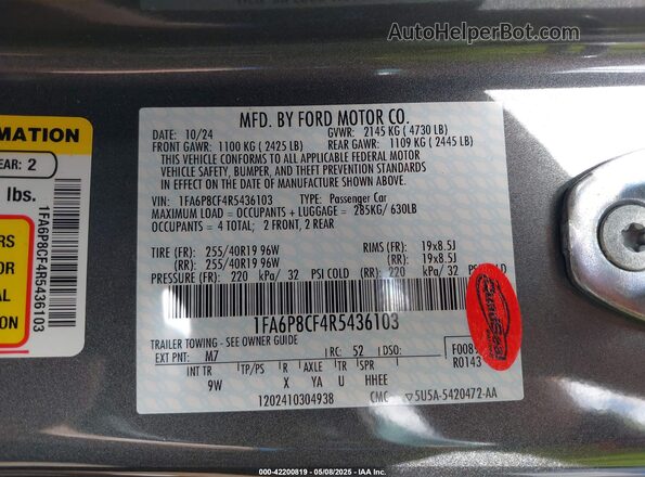 1FA6P8CF4R5436103 2024 FORD MUSTANG Black Շարժիչի բաժամունքի տեսք