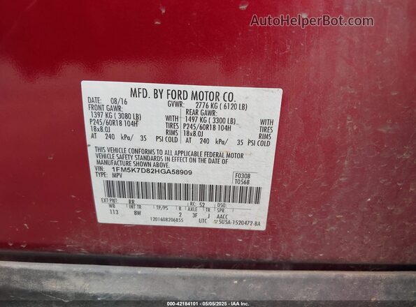 1FM5K7D82HGA58909 2017 FORD FORD EXPLORER Maroon Widok komory silnika