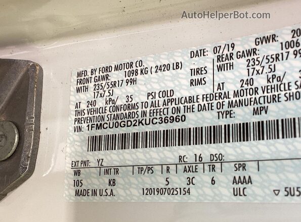 1FMCU0GD2KUC36960 2019 FORD ESCAPE  Widok deski rozdzielczej