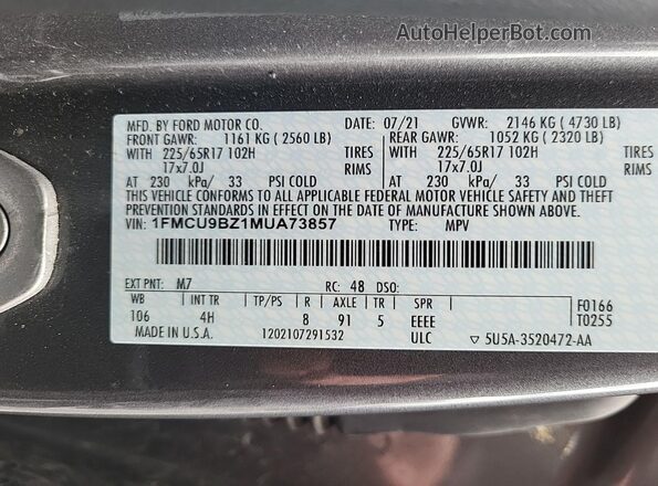 1FMCU9BZ1MUA73857 2021 FORD ESCAPE  ძრავის განყოფილების ხედი