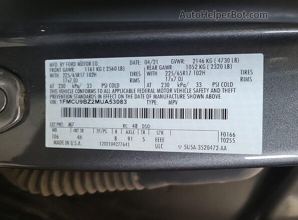 1FMCU9BZ2MUA53083 2021 FORD ESCAPE  
