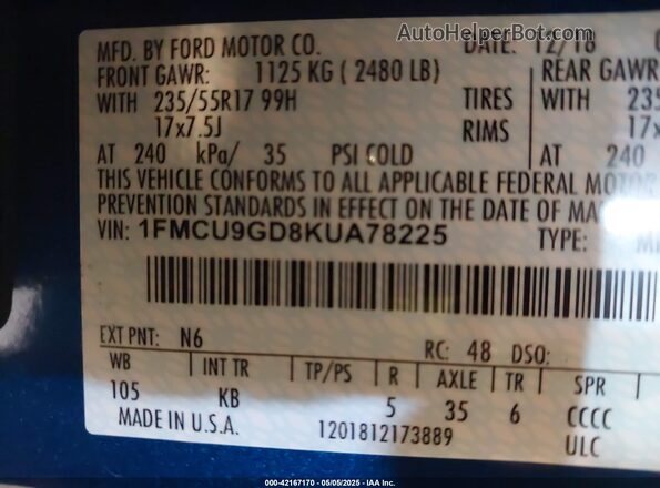 1FMCU9GD8KUA78225 2019 FORD ESCAPE Blue ძრავის განყოფილების ხედი