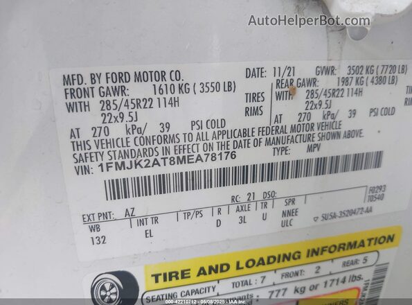 1FMJK2AT8MEA78176 2021 FORD EXPEDITION Белый 