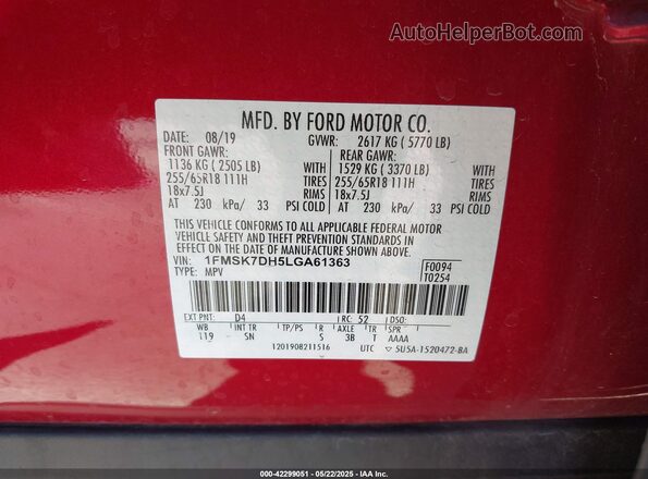 1FMSK7DH5LGA61363 2020 FORD FORD EXPLORER Red Շարժիչի բաժամունքի տեսք