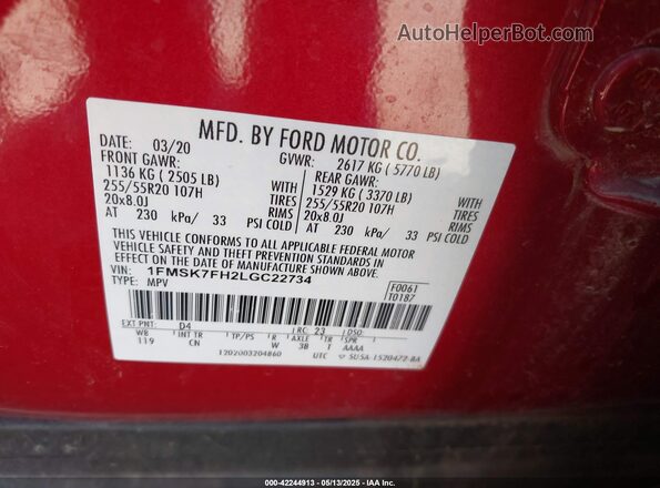 1FMSK7FH2LGC22734 2020 FORD FORD EXPLORER Red ძრავის განყოფილების ხედი