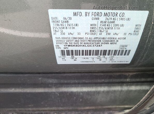 1FMSK8DHXLGC37247 2020 FORD FORD EXPLORER  VIN კოდის სტიკერის ხედი