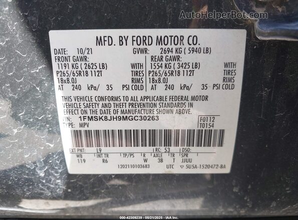 1FMSK8JH9MGC30263 2021 FORD FORD EXPLORER Gray 