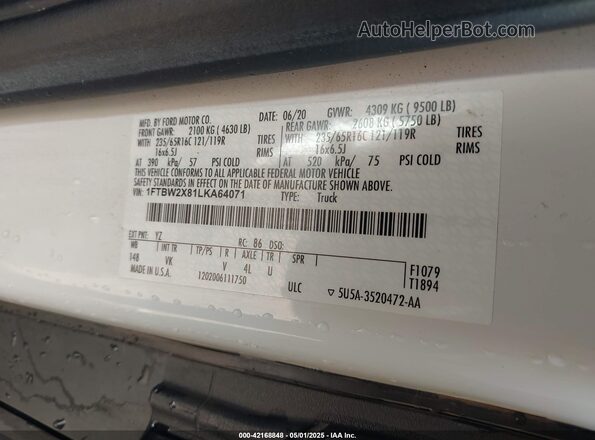 1FTBW2X81LKA64071 2020 FORD TRANSIT-350 White Շարժիչի բաժամունքի տեսք