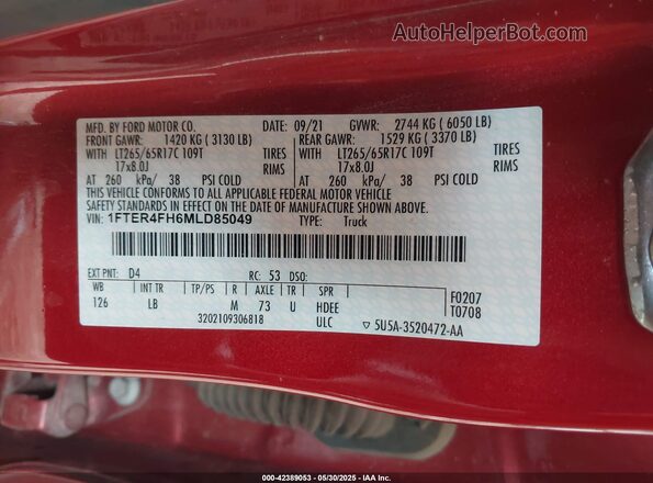 1FTER4FH6MLD85049 2021 FORD RANG Красный 