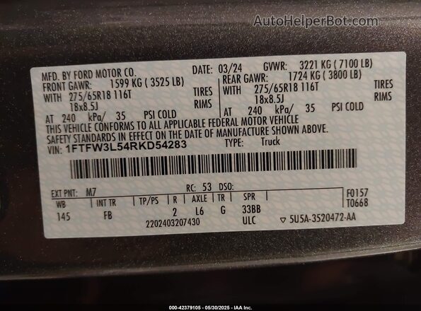1FTFW3L54RKD54283 2024 FORD F150 Gray Շարժիչի բաժամունքի տեսք