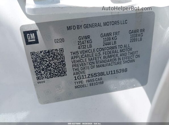 1G11Z5S38LU115398 2020 CHEVROLET IMPALA White 