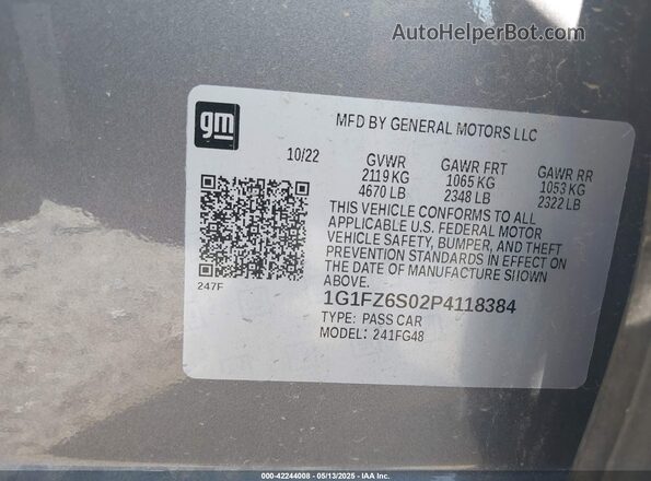 1G1FZ6S02P4118384 2023 CHEVROLET BOLT Gray Vista de la etiqueta del VIN