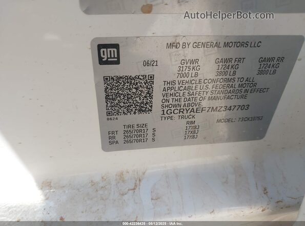 1GCRYAEF7MZ347703 2021 CHEVROLET SILVERADO White Widok komory silnika