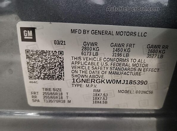 1GNERGKW0MJ185390 2021 CHEVROLET TRAVERSE  VIN sticker view