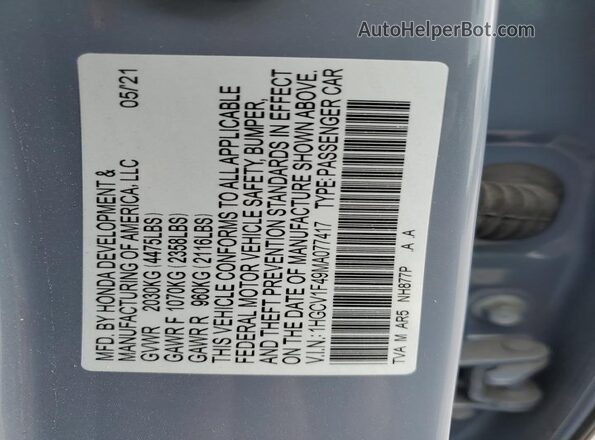 1HGCV1F49MA077417 2021 HONDA ACCORD Серый Вид наклейки с VIN-кодом