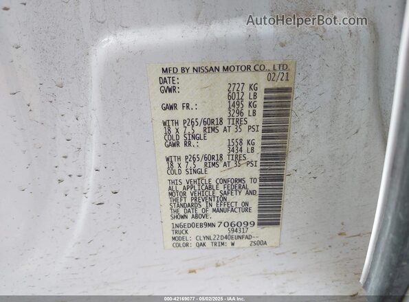 1N6ED0EB9MN706099 2021 NISSAN FRONTIER White Vista del compartimento del motor