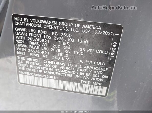 1V2FE2CA0MC223881 2021 VOLKSWAGEN ATLAS Gray Vista del compartimento del motor