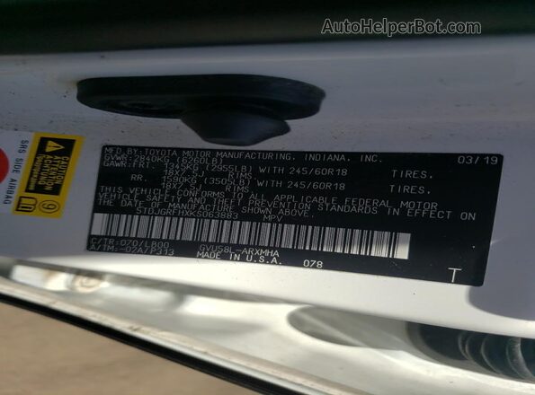 5TDJGRFHXKS063883 2019 TOYOTA HIGHLANDER HYBRID Белый 