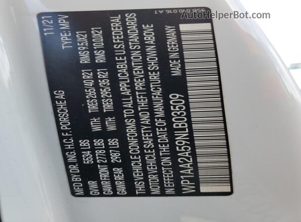 WP1AA2A59NLB03509 2022 PORSCHE MACAN White VIN կոդի պիտակի տեսք