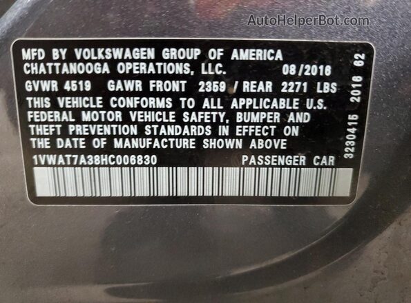 1VWAT7A38HC006830 2017 VOLKSWAGEN PASSAT Silver 