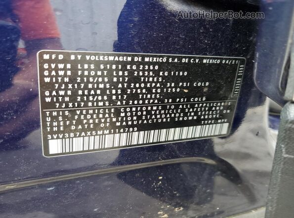 3VV3B7AX5MM114799 2021 VOLKSWAGEN TIGUAN Blue Widok naklejki z numerem VIN
