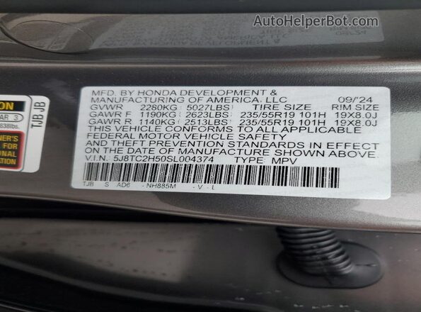 5J8TC2H50SL004374 2025 ACURA RDX Gray Widok naklejki z numerem VIN