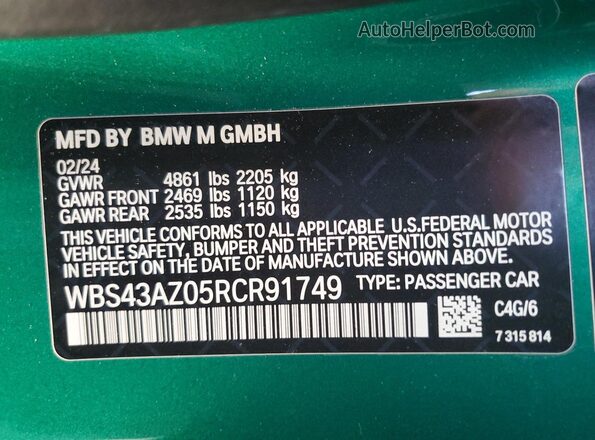 WBS43AZ05RCR91749 2024 BMW M4 Green 