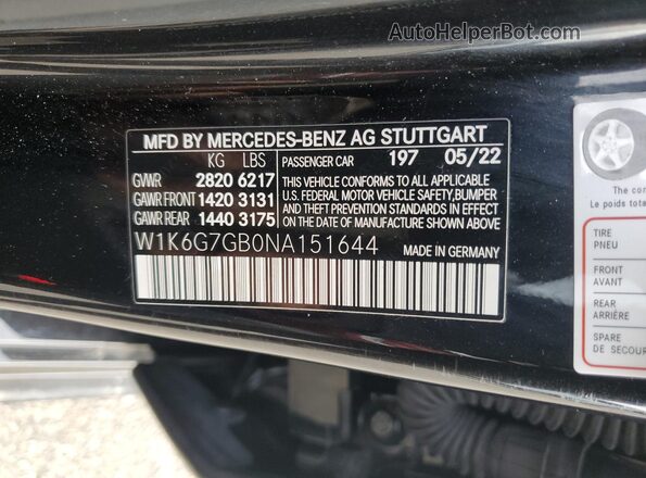 W1K6G7GB0NA151644 2022 MERCEDES-BENZ S Черный Вид наклейки с VIN-кодом