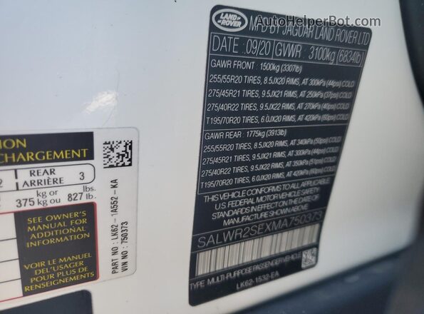 SALWR2SEXMA750373 2021 LAND ROVER RANGE White Vista interior de 360 grados