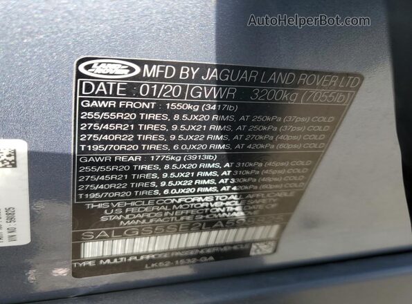 SALGS5SE2LA598825 2020 LAND ROVER RANGE Blue Вид наклейки з VIN-кодом