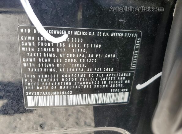 3VV3B7AX0JM019403 2018 VOLKSWAGEN TIGUAN Black Widok naklejki z numerem VIN