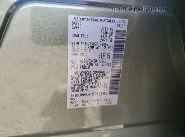 5N1DL0MN6HC520191 2017 INFINITI QX60 Зеленый 